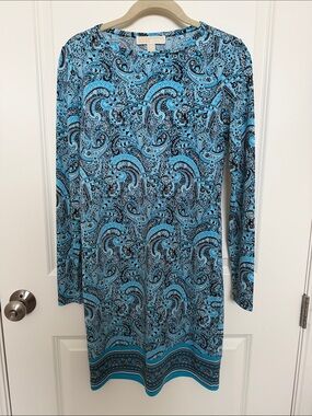 Michael Kors Turquoise and Black Paisley Long-Sleeve Shift Dress